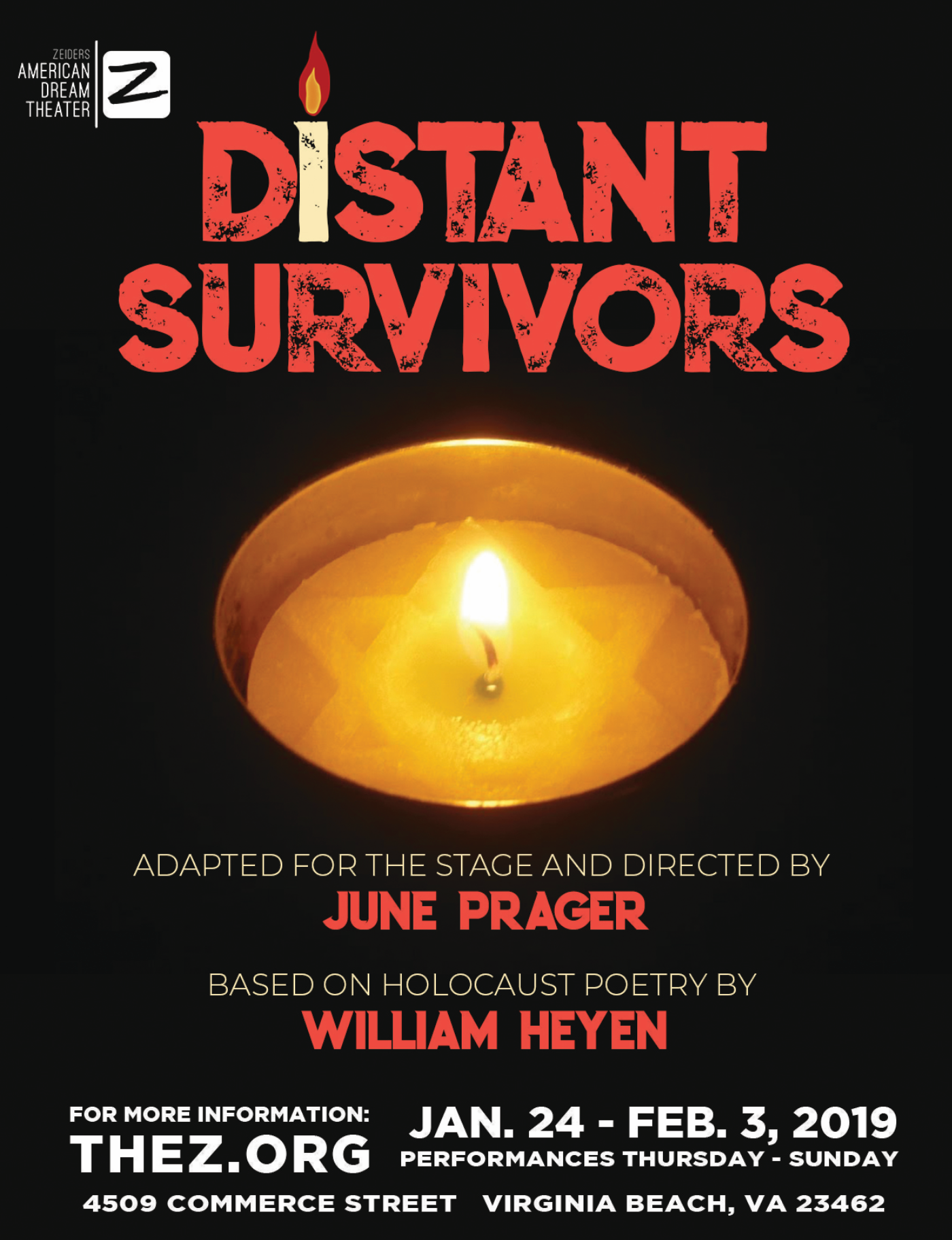 Copy of cover page for the play Distant Survivors that features a flame burning in the center of a star of David candle
